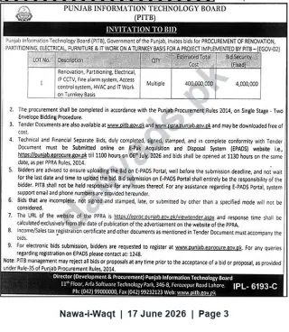 Newspaper clipping: PITB Tender: Renovation, Partitioning, Electrical, HVAC, CCTV & IT Works (Turnkey) – PKR 400,000,000, Nawa-i-Waqt, 17 Jun 2026