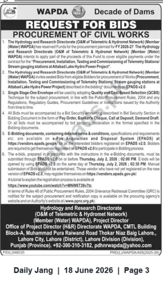 Newspaper clipping: WAPDA Tender: Telemetry & Stream Gauging Stations for Attabad Lake HPP — Bids due 2026-07-02, Jang, 18 Jun 2026