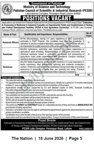 Newspaper clipping: PCSIR Lahore — Vacancies for Research Officer and Technicians (Cannabis Cultivation & Processing Project), The Nation, 18 Jun 2026