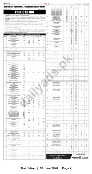 Newspaper clipping: Public Notice — Record of Rights Special Revision (Mukhtiarkar, Taluka Hala, Matiari), The Nation, 18 Jun 2026