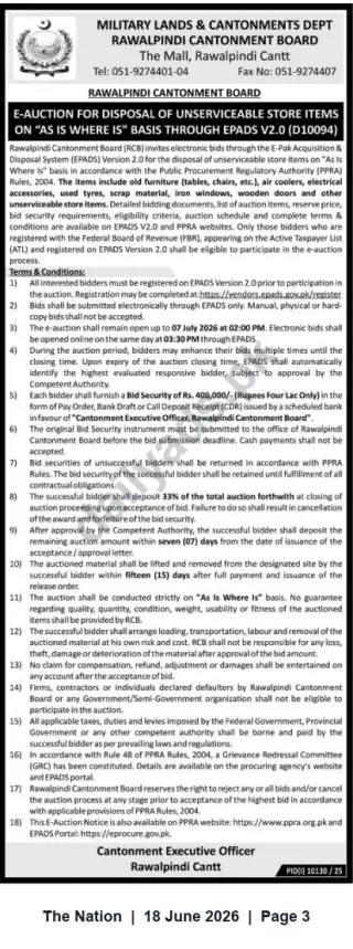 Newspaper clipping: E-Auction: Disposal of Unserviceable Store Items — Rawalpindi Cantonment Board (07 July 2026), The Nation, 18 Jun 2026