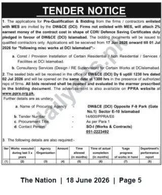Newspaper clipping: DW&CE (DCI) Islamabad Tender for Construction & Consultancy Works — Bid Deadline 2026-07-02, The Nation, 18 Jun 2026