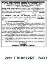 Newspaper clipping: Banking Court-IV, Karachi — Court Order Issued by Reader, Dawn, 19 Jun 2026