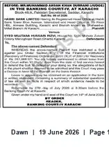 Newspaper clipping: Banking Court IV, Karachi — Order Notice, Dawn, 19 Jun 2026