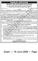 Newspaper clipping: Public Auction Notice, Dawn, 19 Jun 2026