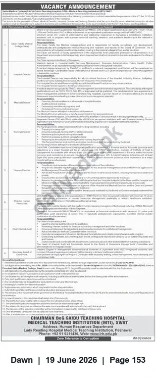 Newspaper clipping: Vacancy Announcement — Senior Clinical, Administrative & Finance Positions at MTI Swat, Dawn, 19 Jun 2026
