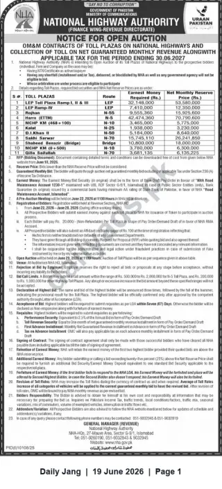 Newspaper clipping: NHA Open Auction: OM&M Toll Plaza Contracts & Toll Collection (Till 30-06-2027), Jang, 19 Jun 2026