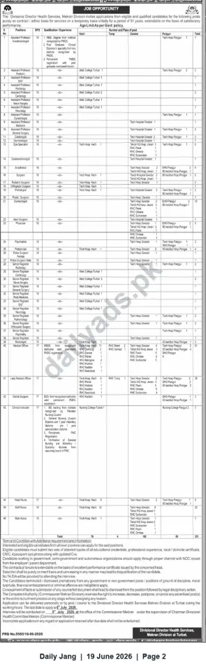 Newspaper clipping: Mekran Division Health Services (Turbat) — Contract Medical & Health Staff Vacancies (Various BPS) – Apply by 2026-07-06, Jang, 19 Jun 2026