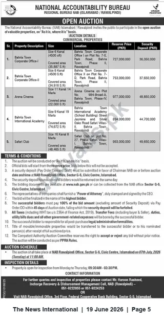 Newspaper clipping: NAB Rawalpindi Open Auction — Five Commercial Properties in Bahria Town, Rawalpindi (07 July 2026), The News International, 19 Jun 2026