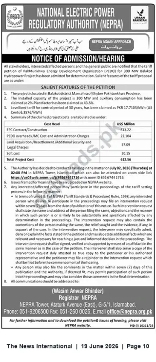 Newspaper clipping: NEPRA Hearing: Tariff Petition for 300 MW Balakot Hydropower Project — Hearing on 2026-07-02, The News International, 19 Jun 2026