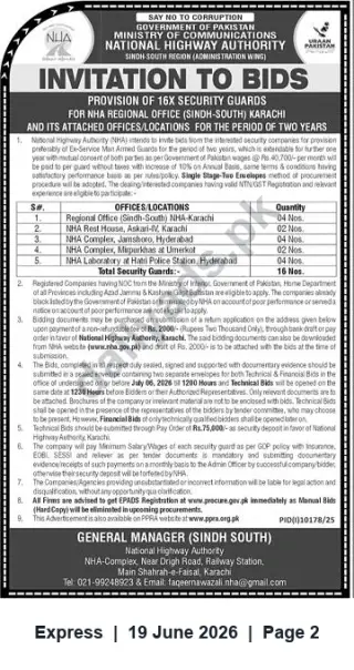 Newspaper clipping: NHA Sindh-South Tender: Provision of 16 Security Guards for Two-Year Contract, Express, 19 Jun 2026
