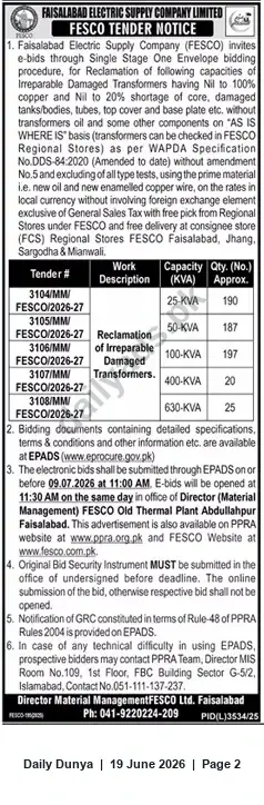 Newspaper clipping: FESCO Tender: Reclamation of Damaged Transformers (25–630 kVA) – Bids due 2026-07-09, Dunya, 19 Jun 2026