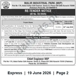 Newspaper clipping: Re-Tender: Pre-Qualification for Technical Vetting of Industrial Building Plans — Malir Industrial Park, Karachi, Express, 19 Jun 2026