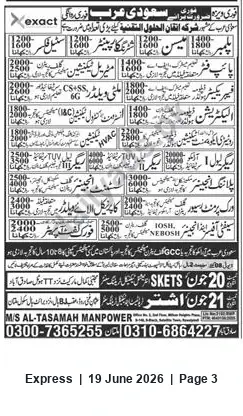 Newspaper clipping: M/S Al-Tasamah Manpower — Recruitment for Saudi/Arab Placements (HVAC & Various Rates), Express, 19 Jun 2026
