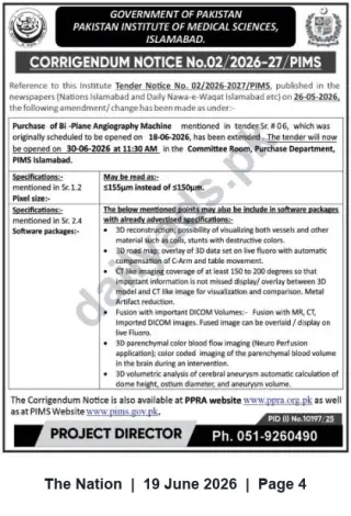Newspaper clipping: PIMS Corrigendum: Tender Extension for Bi-Plane Angiography Machine — Bid Opening 2026-06-30, The Nation, 19 Jun 2026