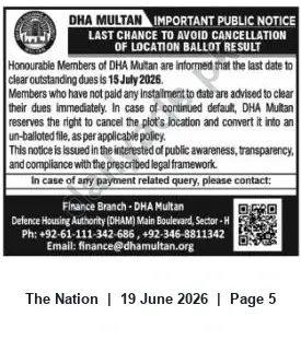 Newspaper clipping: DHA Multan: Last Chance to Clear Outstanding Dues by 2026-07-15 to Avoid Plot Cancellation, The Nation, 19 Jun 2026
