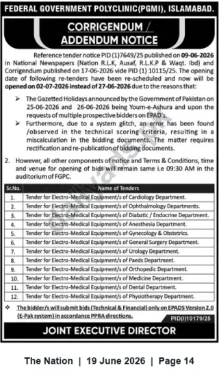 Newspaper clipping: FGPC (PGMI) Islamabad — Corrigendum: Tender Opening Rescheduled for Electro-Medical Equipment (12 Lots), The Nation, 19 Jun 2026