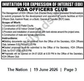 Newspaper clipping: EOI: Build-Operate-Transfer Sports Facilities at KDA Officers Club (Kashmir Road), The Nation, 19 Jun 2026