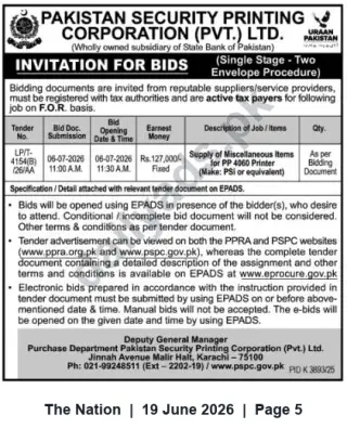 Newspaper clipping: PSPC Invitation for Bids — Supply of Miscellaneous Items for PP 4060 Printer (Karachi), The Nation, 19 Jun 2026