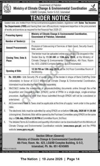 Newspaper clipping: Tender — Outsourcing Naib Qasid, Security Guards, Mali & Janitors Services | Ministry of Climate Change (Islamabad), The Nation, 19 Jun 2026