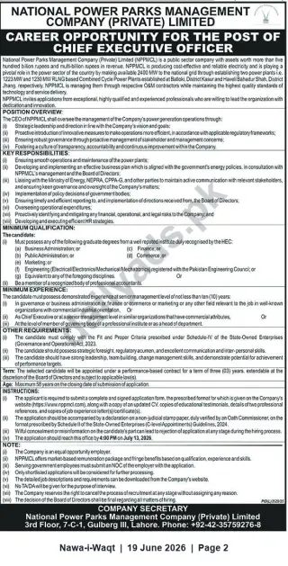 Newspaper clipping: CEO Vacancy — National Power Parks Management Company (Private) Limited (NPMPCL), Nawa-i-Waqt, 19 Jun 2026