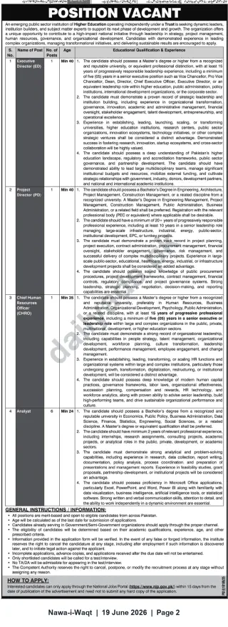 Newspaper clipping: Vacancies: Executive Director, Project Director, CHRO & Analysts — Public Sector Higher Education Institution (Across Pakistan), Nawa-i-Waqt, 19 Jun 2026