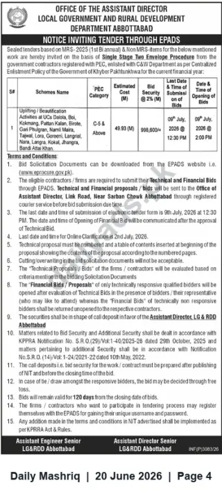 Newspaper clipping: Tender: Uplifting/Beautification Works at Multiple UCs (Dalola, Boi, etc.) — Local Govt & Rural Development Dept Abbottabad, Daily Mashriq, 20 Jun 2026