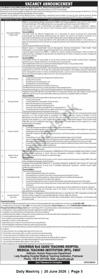 Newspaper clipping: Vacancies — Senior Management Positions at Saidu Medical College & Saidu Teaching Hospital (MTI), Swat, Daily Mashriq, 20 Jun 2026