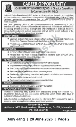 Newspaper clipping: Chief Operating Officer (COO) / Director Operations & Construction — National Police Foundation (Islamabad), Jang, 20 Jun 2026