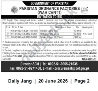 Newspaper clipping: POF Wah Cantt Invitation to Bid for Cutting Tools, Production Tools and Refined Tin — Closing 2026-07-21, Jang, 20 Jun 2026