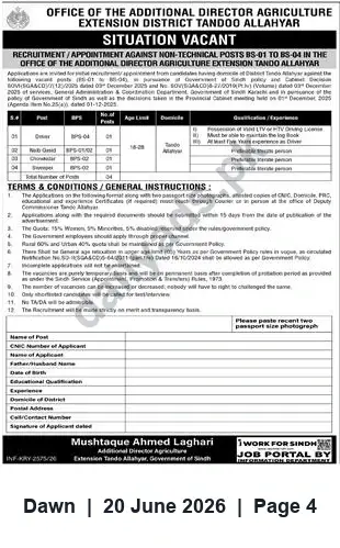 Newspaper clipping: Non-Technical Vacancies (BS-01 to BS-04) — Agriculture Extension, Tando Allahyar, Dawn, 20 Jun 2026