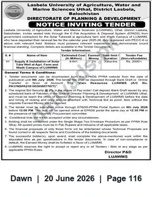 Newspaper clipping: Tender: Supply & Installation of Solar Tube Wells — Lasbela University (LUAWMS), Dawn, 20 Jun 2026