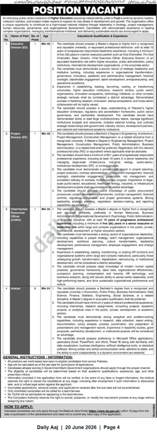Newspaper clipping: Vacancies: Executive Director, Project Director, Chief HR Officer & Analysts — Public Higher Education Trust (Pakistan), Daily Aaj, 20 Jun 2026