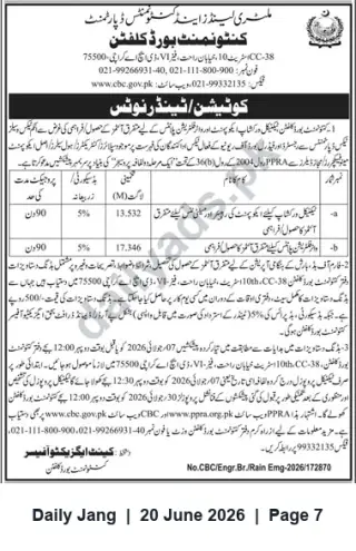 Newspaper clipping: Cantt Board Clifton Tender Notice for Two Civil Works Packages, Jang, 20 Jun 2026