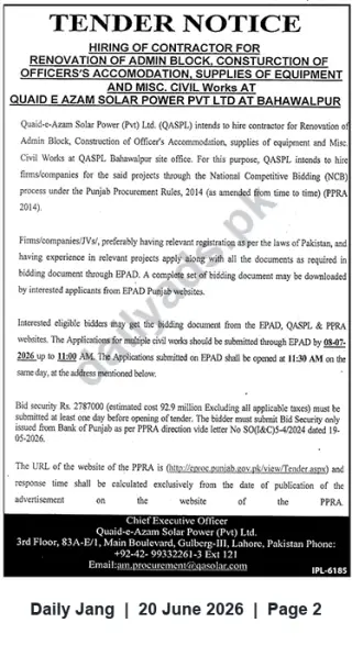 Newspaper clipping: Tender: Contractor for Renovation, Construction & Supplies at Quaid-e-Azam Solar Power Ltd, Bahawalpur, Jang, 20 Jun 2026