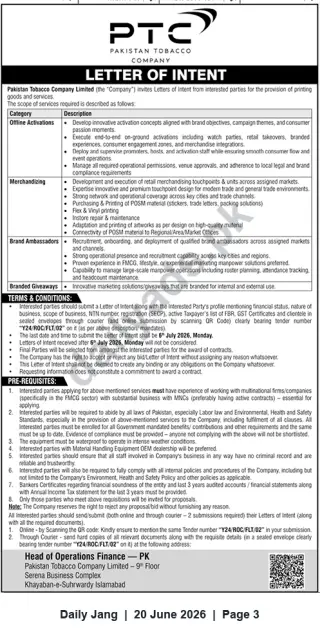 Newspaper clipping: Pakistan Tobacco Company - Letters of Intent for Printing, Activations, Merchandising & Brand Services (Tender Y24/ROC/FLT/02), Jang, 20 Jun 2026