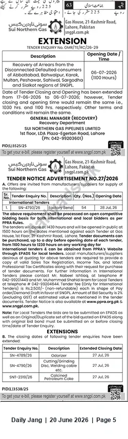 Newspaper clipping: SNGPL Tender Notice & Deadline Extensions — Advertisement No. 27/2026, Jang, 20 Jun 2026