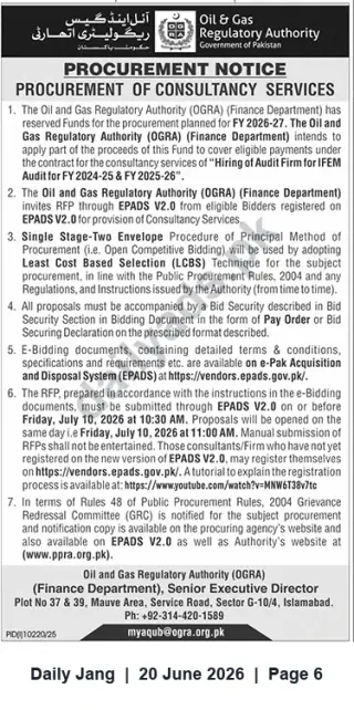 Newspaper clipping: OGRA Procurement: Consultancy Services for IFEM Audit (FY 2024-25 & FY 2025-26), Jang, 20 Jun 2026