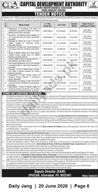 Newspaper clipping: CDA (E&M) Maintenance Division — Tender Notice for Works at Parliament House, Islamabad, Jang, 20 Jun 2026