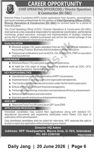Newspaper clipping: Career Opportunity: Chief Operating Officer (COO) / Director Operations & Construction — National Police Foundation (Islamabad), Jang, 20 Jun 2026
