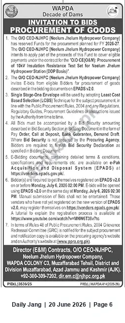 Newspaper clipping: WAPDA / Neelum Jhelum Hydropower Company Invitation to Bid for Procurement of Goods (FY 2026-27), Jang, 20 Jun 2026