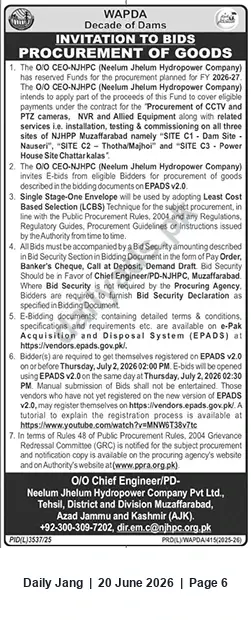Newspaper clipping: WAPDA / Neelum-Jhelum Hydropower Company — Invitation to Bid for CCTV, PTZ Cameras, NVR and Allied Equipment, Jang, 20 Jun 2026