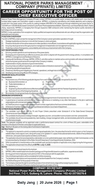 Newspaper clipping: Chief Executive Officer — National Power Parks Management Company (NPPMCL), Lahore, Jang, 20 Jun 2026