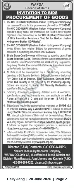 Newspaper clipping: WAPDA (NJHPC) Invitation to Bid – 10 kV Insulation Resistance Test Set (DDP), Jang, 20 Jun 2026