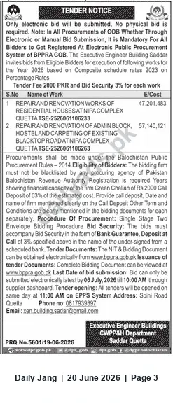 Newspaper clipping: Tender: Repair & Renovation Works at NIPA/NAP Complex, Saddar Quetta, Jang, 20 Jun 2026