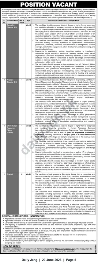 Newspaper clipping: Vacancies: Executive Director, Project Director, Chief Human Resources Officer & Analysts — Public Sector Higher Education Trust, Jang, 20 Jun 2026