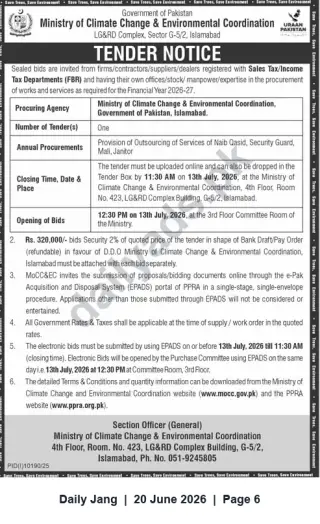 Newspaper clipping: Tender: Outsourcing Naib Qasid, Security Guards, Mali & Janitorial Services — Ministry of Climate Change, Islamabad, Jang, 20 Jun 2026