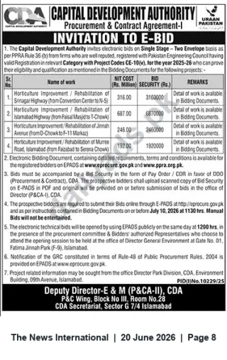 Newspaper clipping: CDA Invitation to E-Bid for Horticulture Improvement / Rehabilitation Works in Islamabad, The News International, 20 Jun 2026