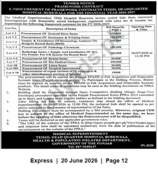 Newspaper clipping: Tender: Framework E-Procurement Contracts for THQ Hospital Burewala (FY 2026-2027), Express, 20 Jun 2026