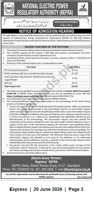 Newspaper clipping: NEPRA Hearing Notice: PEDO Tariff Petition for 300 MW Balakot Hydropower Project, Express, 20 Jun 2026